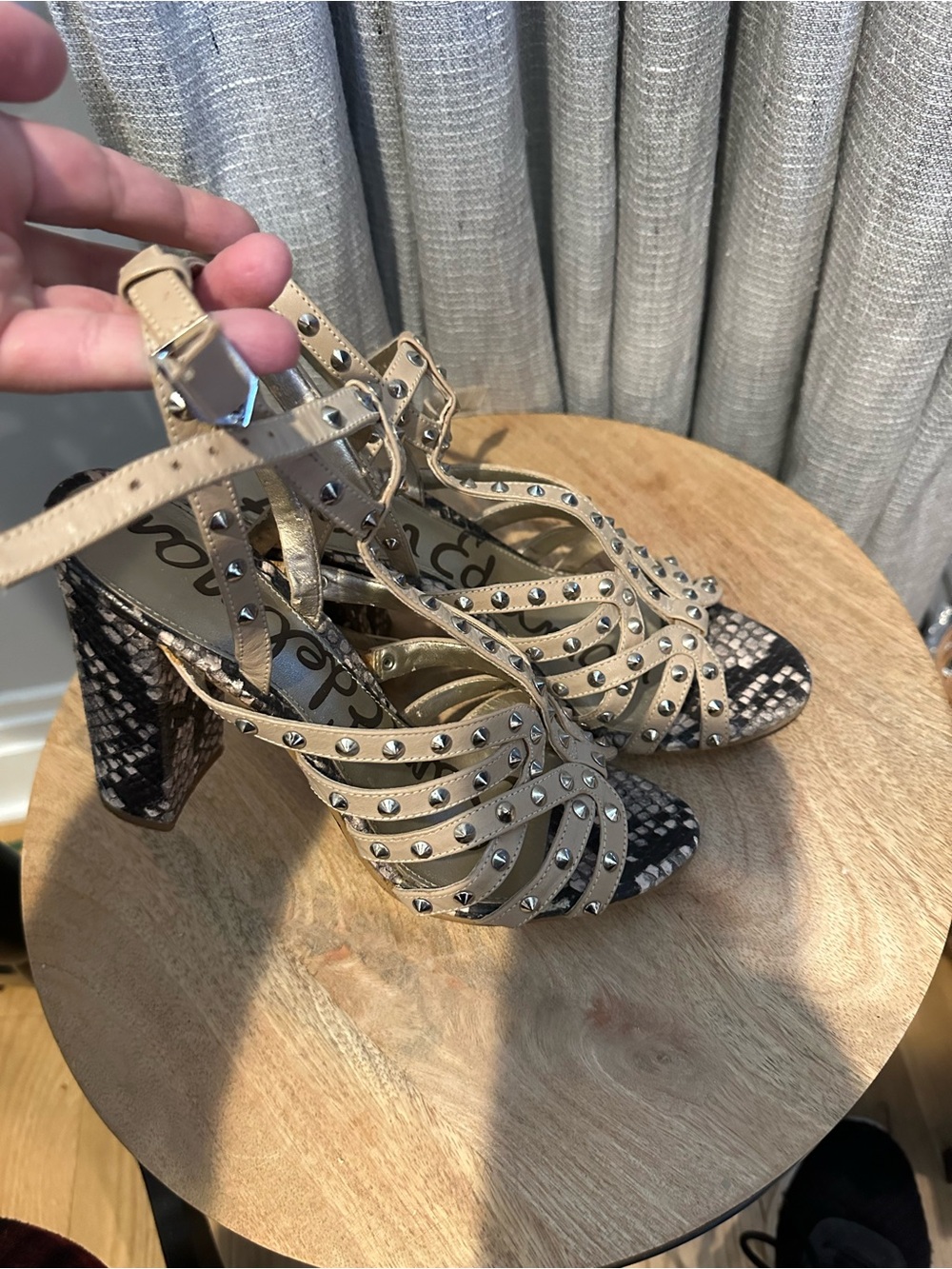 Sam Edelman Tan Studded Strappy Block Heels with Snakeskin Accents